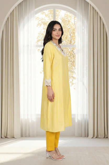 Yellow Applique Lace A-line Kurta