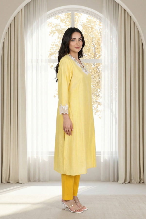 Yellow Applique Lace A-line Kurta