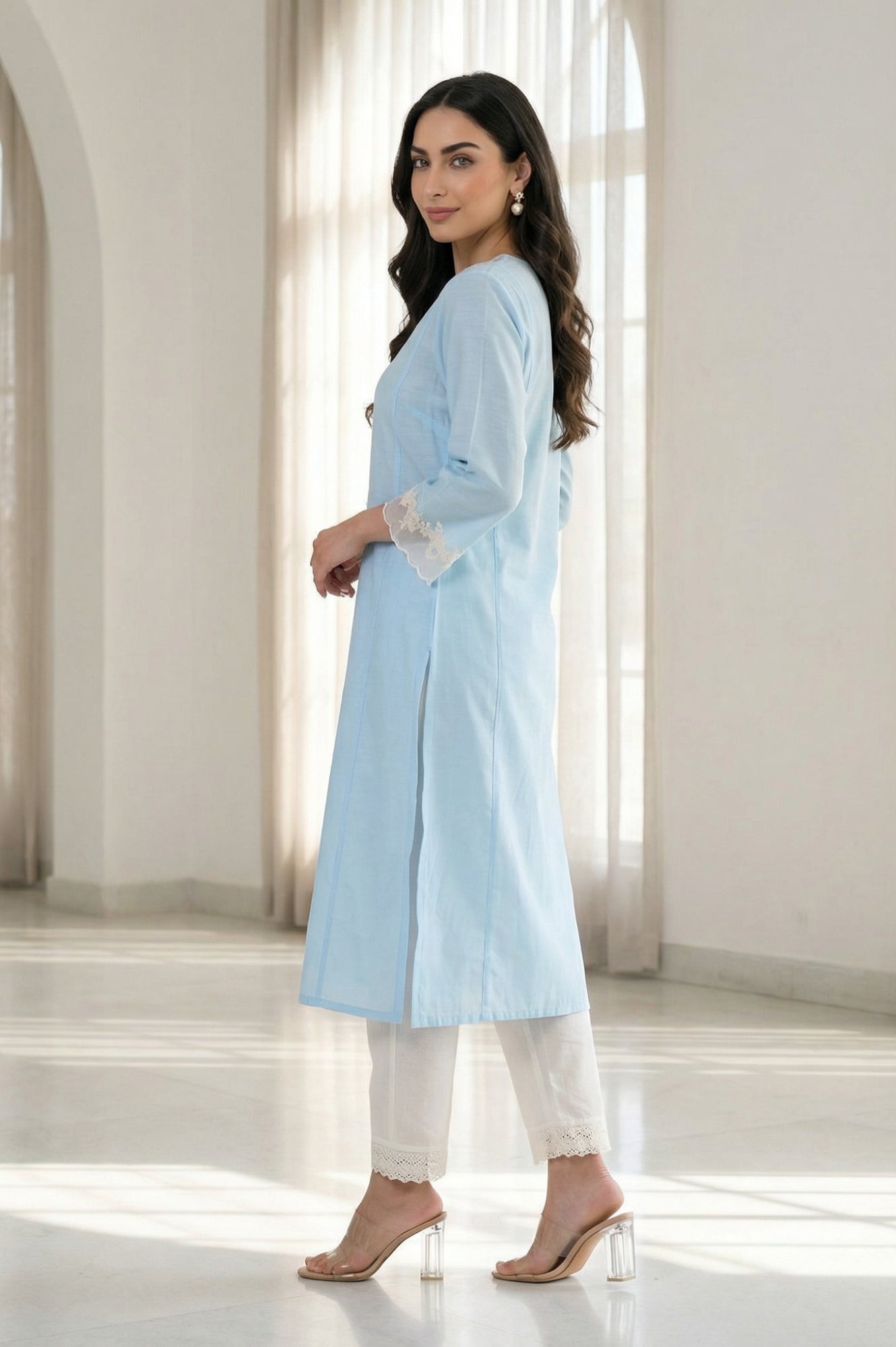 Light Blue Embroidered A-line Kurta
