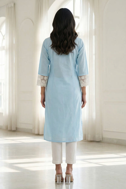 Light Blue Embroidered A-line Kurta