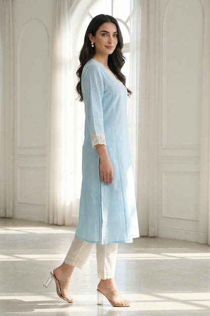 Light Blue Embroidered A-line Kurta