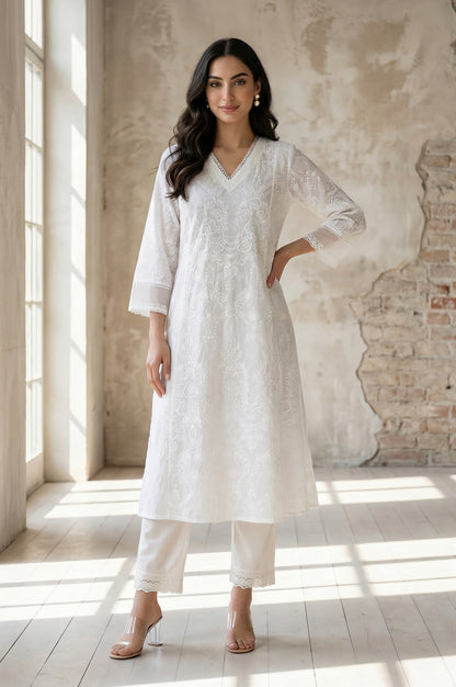 White Floral Printed Lace Pure Cotton Straight Kurta