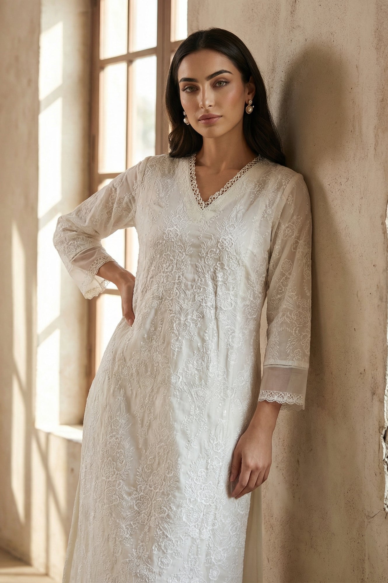 White Floral Printed Lace Pure Cotton Straight Kurta