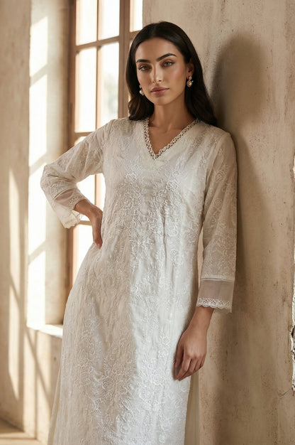 White Floral Printed Lace Pure Cotton Straight Kurta