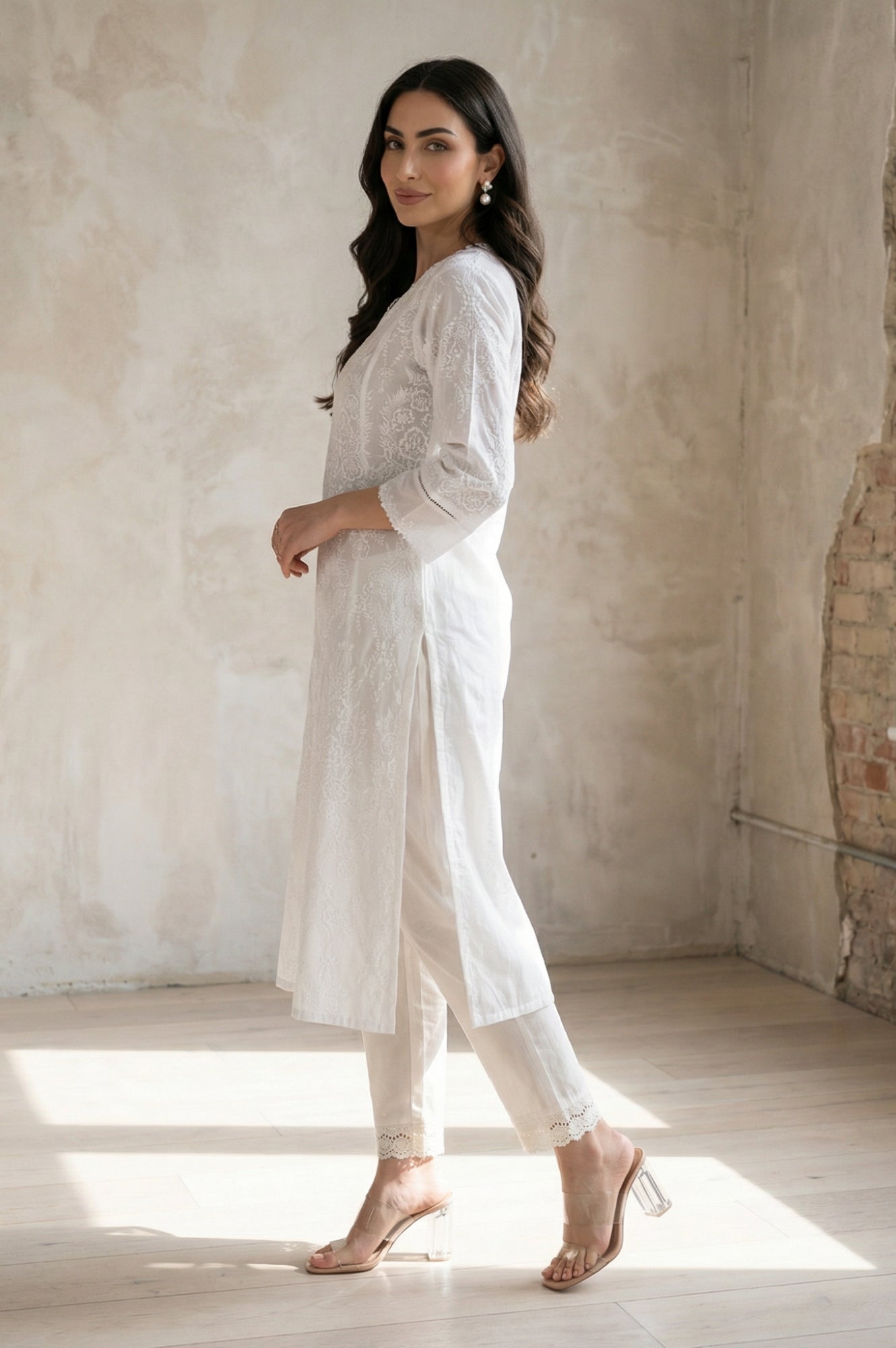 White Floral Printed Lace Pure Cotton Straight Kurta