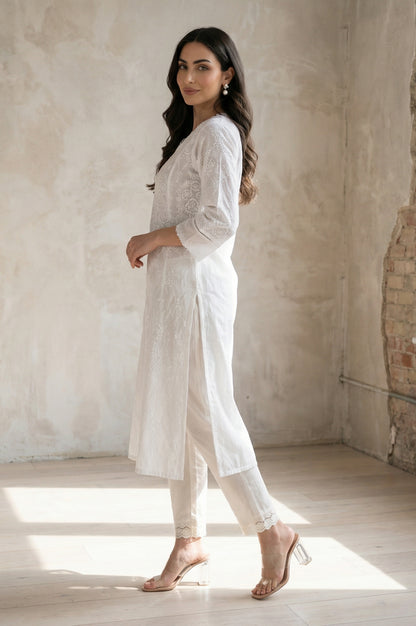 White Floral Printed Lace Pure Cotton Straight Kurta