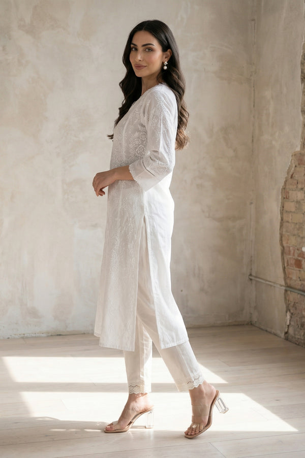 White Floral Printed Lace Pure Cotton Straight Kurta