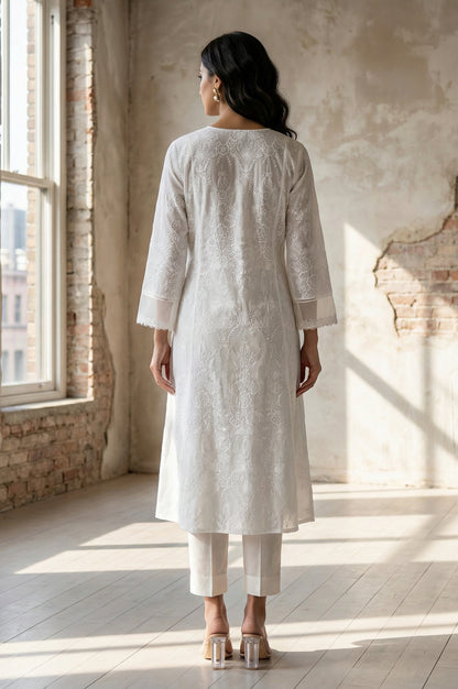 White Floral Printed Lace Pure Cotton Straight Kurta