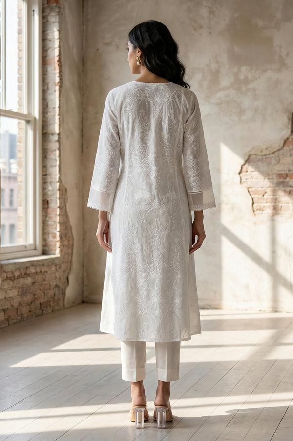 White Floral Printed Lace Pure Cotton Straight Kurta