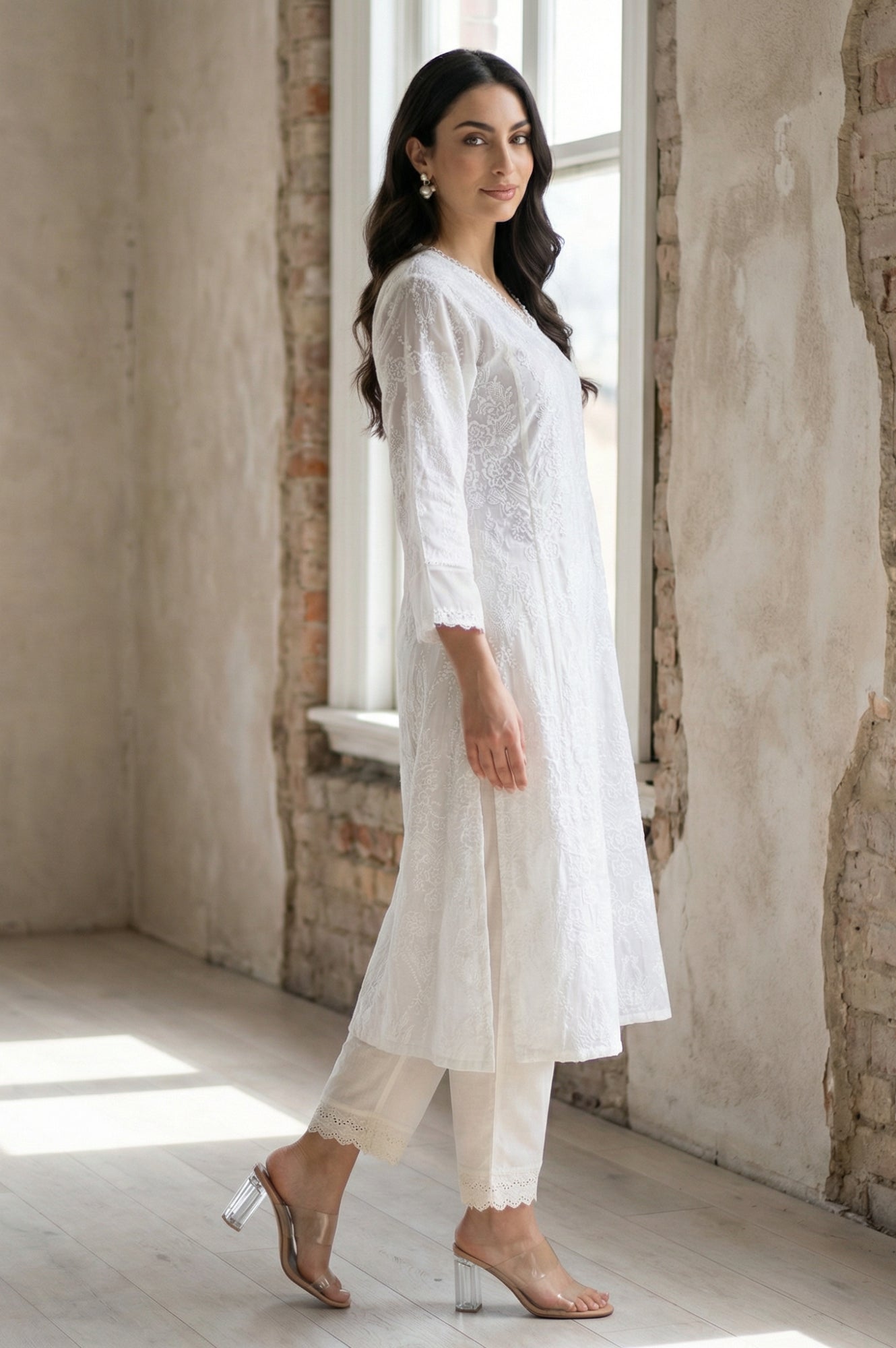 White Floral Printed Lace Pure Cotton Straight Kurta