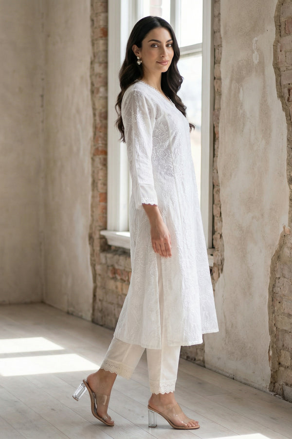 White Floral Printed Lace Pure Cotton Straight Kurta