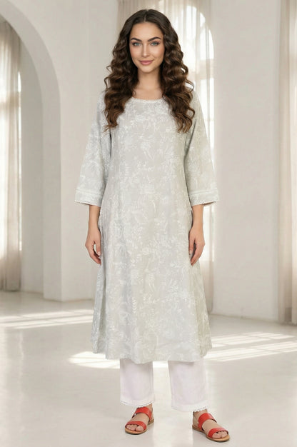 Grey Floral Printed Pure Cotton A-line Kurta with Lace