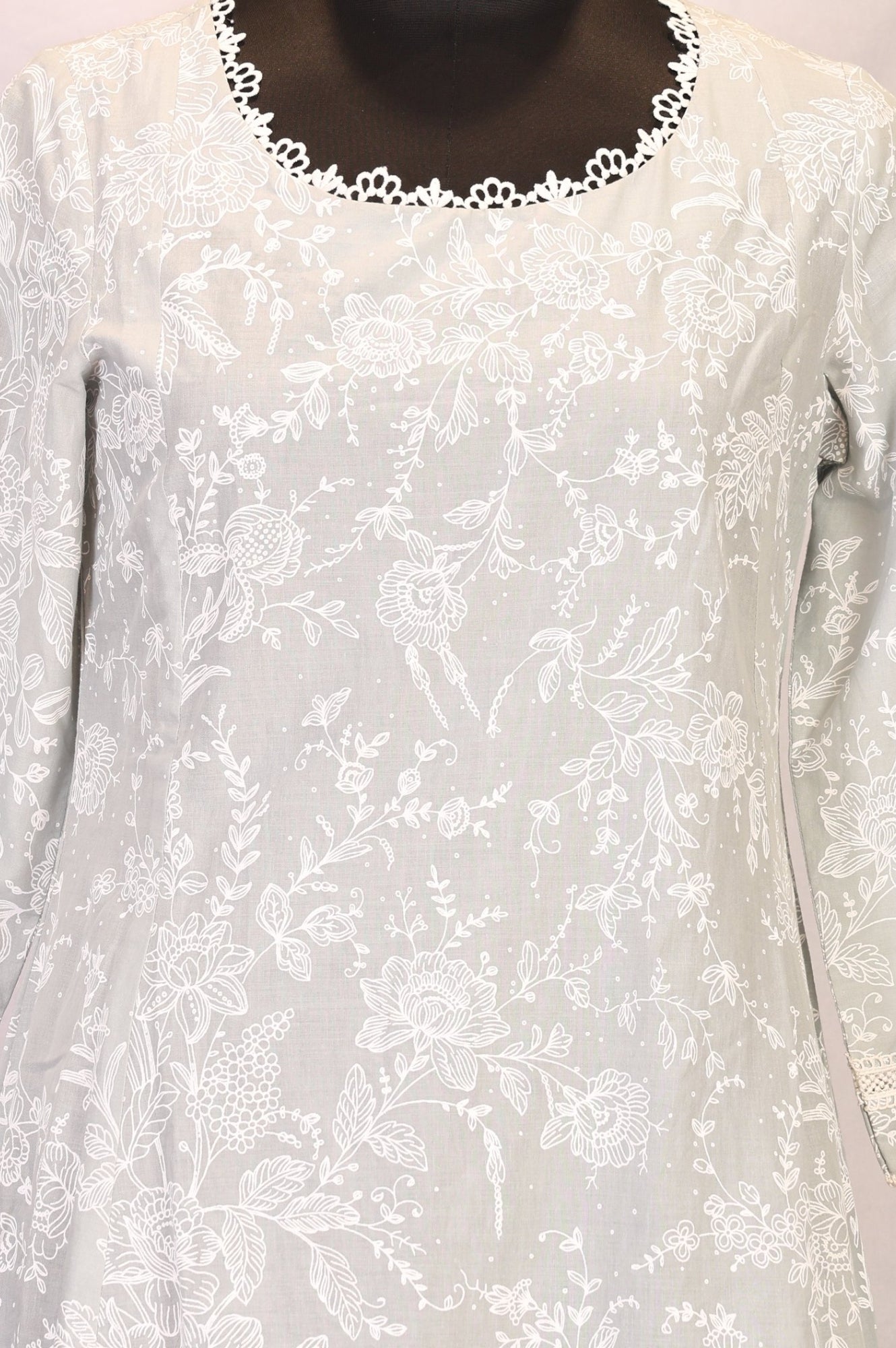 Grey Floral Printed Pure Cotton A-line Kurta with Lace