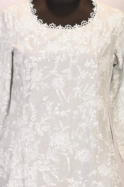 Grey Floral Printed Pure Cotton A-line Kurta with Lace