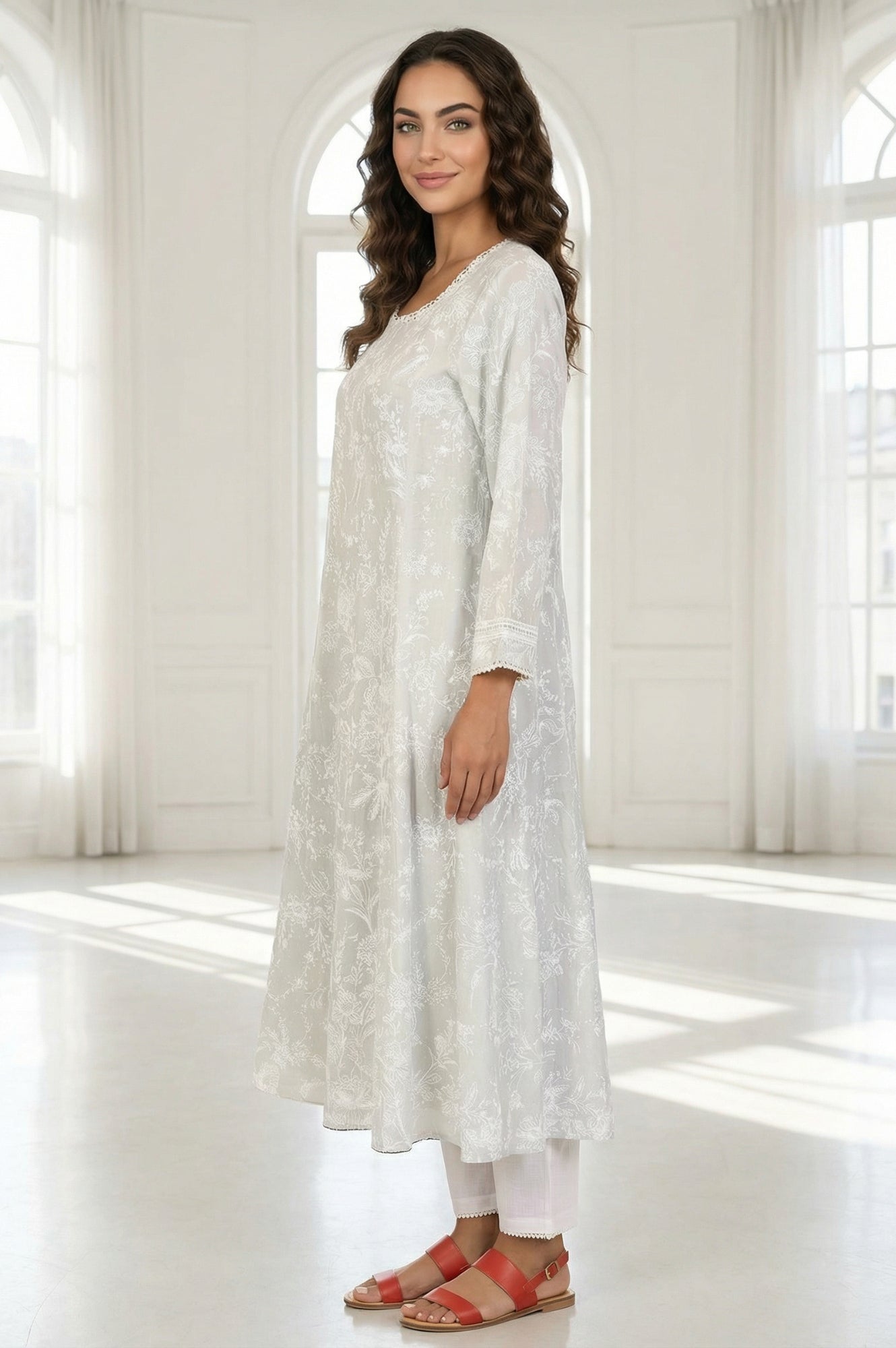 Grey Floral Printed Pure Cotton A-line Kurta with Lace