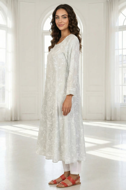 Grey Floral Printed Pure Cotton A-line Kurta with Lace