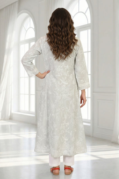 Grey Floral Printed Pure Cotton A-line Kurta with Lace