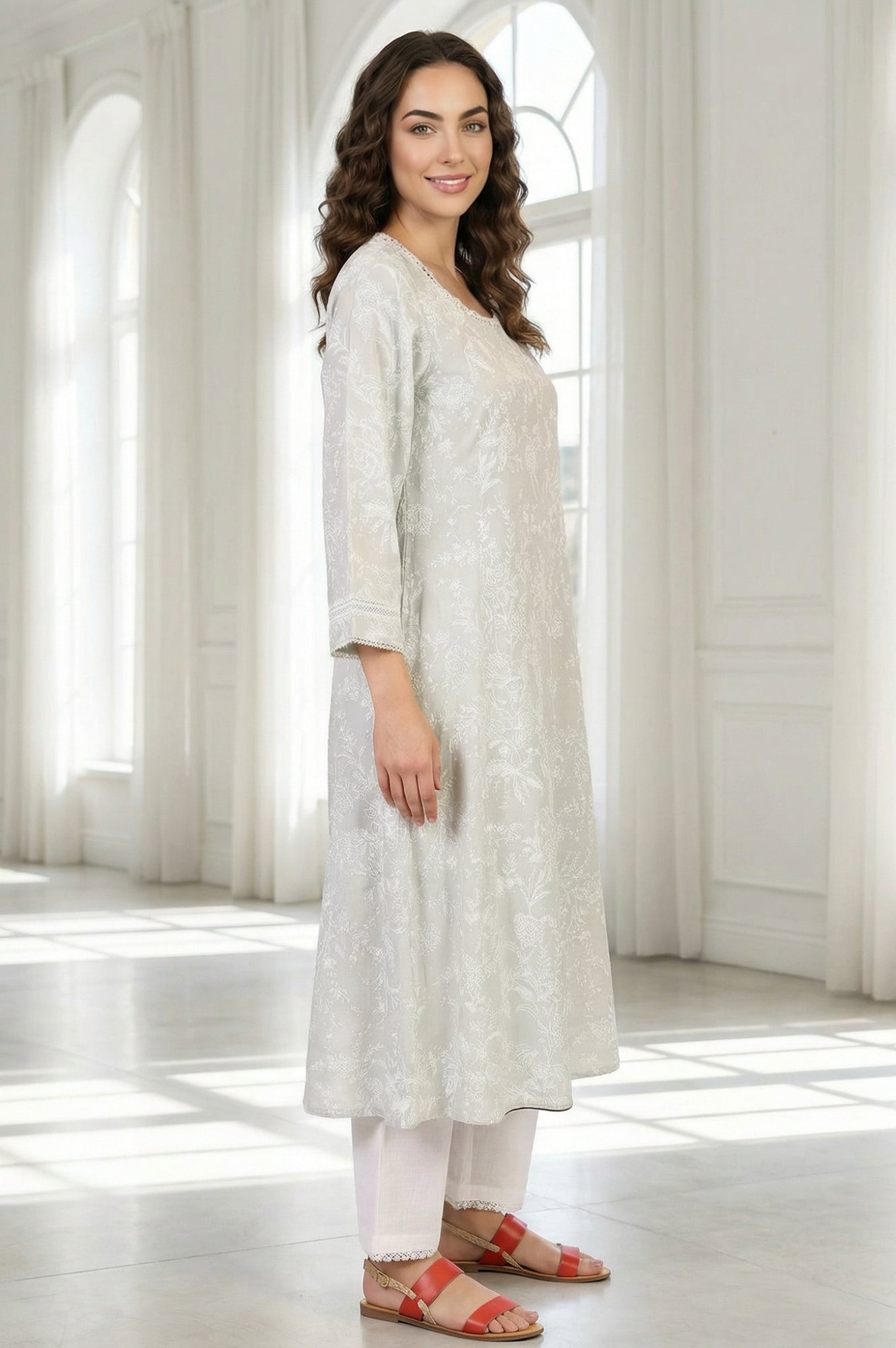 Grey Floral Printed Pure Cotton A-line Kurta with Lace