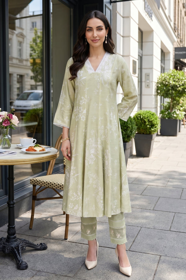 Pistachio Green Floral Printed Flared Kurta With Lace