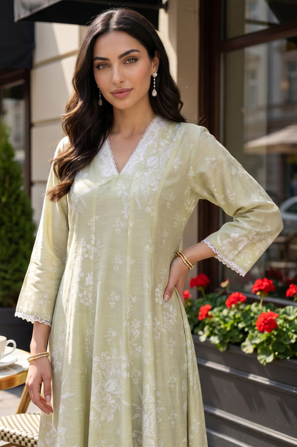 Pistachio Green Floral Printed Flared Kurta With Lace
