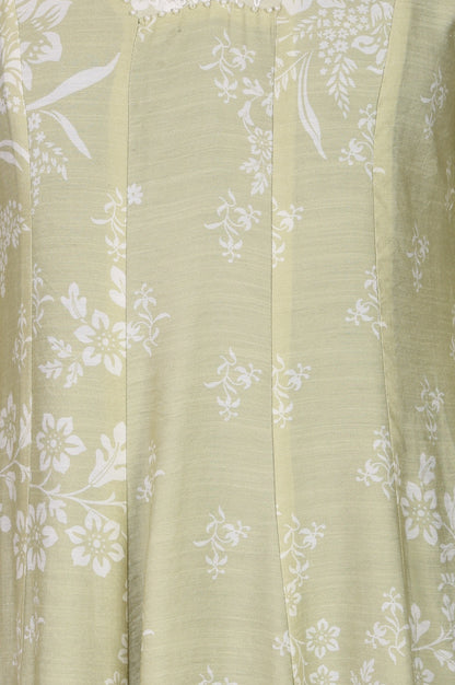 Pistachio Green Floral Printed Flared Kurta With Lace