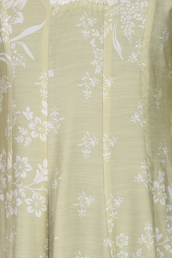 Pistachio Green Floral Printed Flared Kurta With Lace
