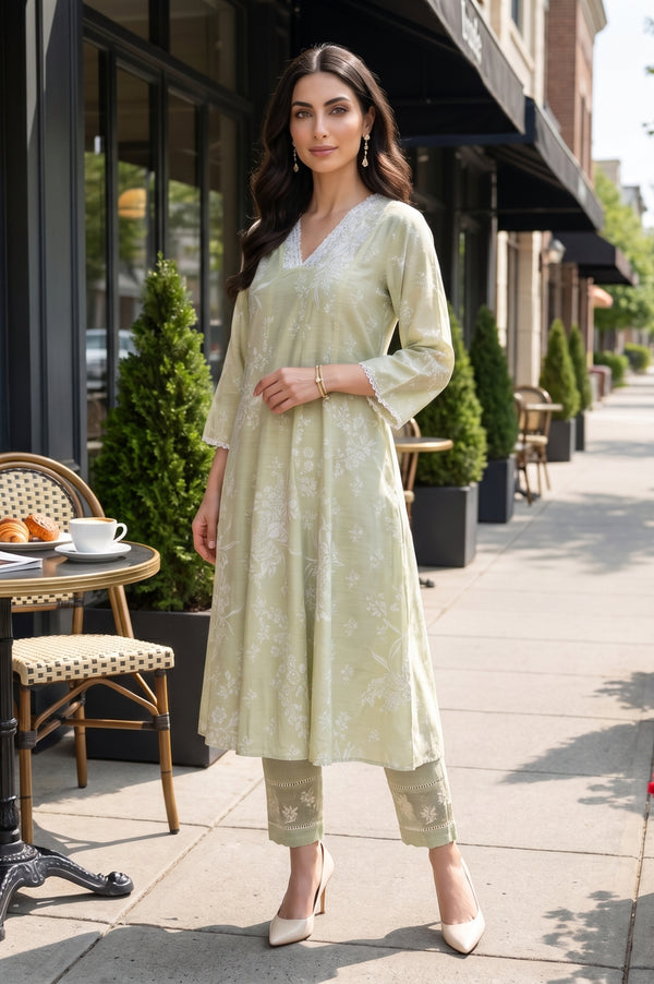 Pistachio Green Floral Printed Flared Kurta With Lace