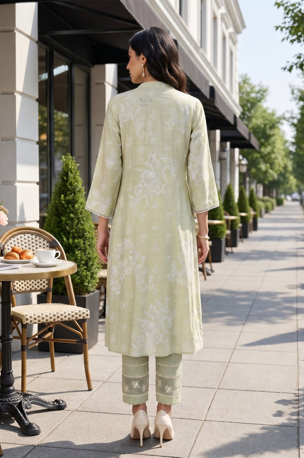 Pistachio Green Floral Printed Flared Kurta With Lace