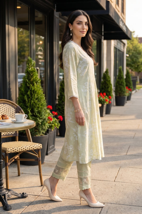 Pistachio Green Floral Printed Flared Kurta With Lace