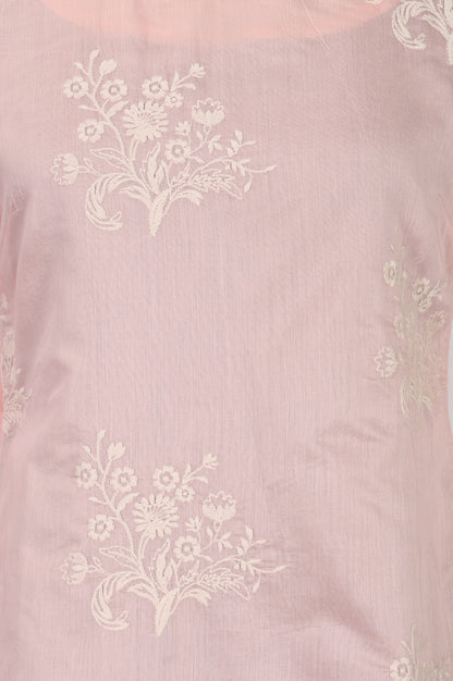 Light Pink Floral Embroidered Chanderi Straight Kurta