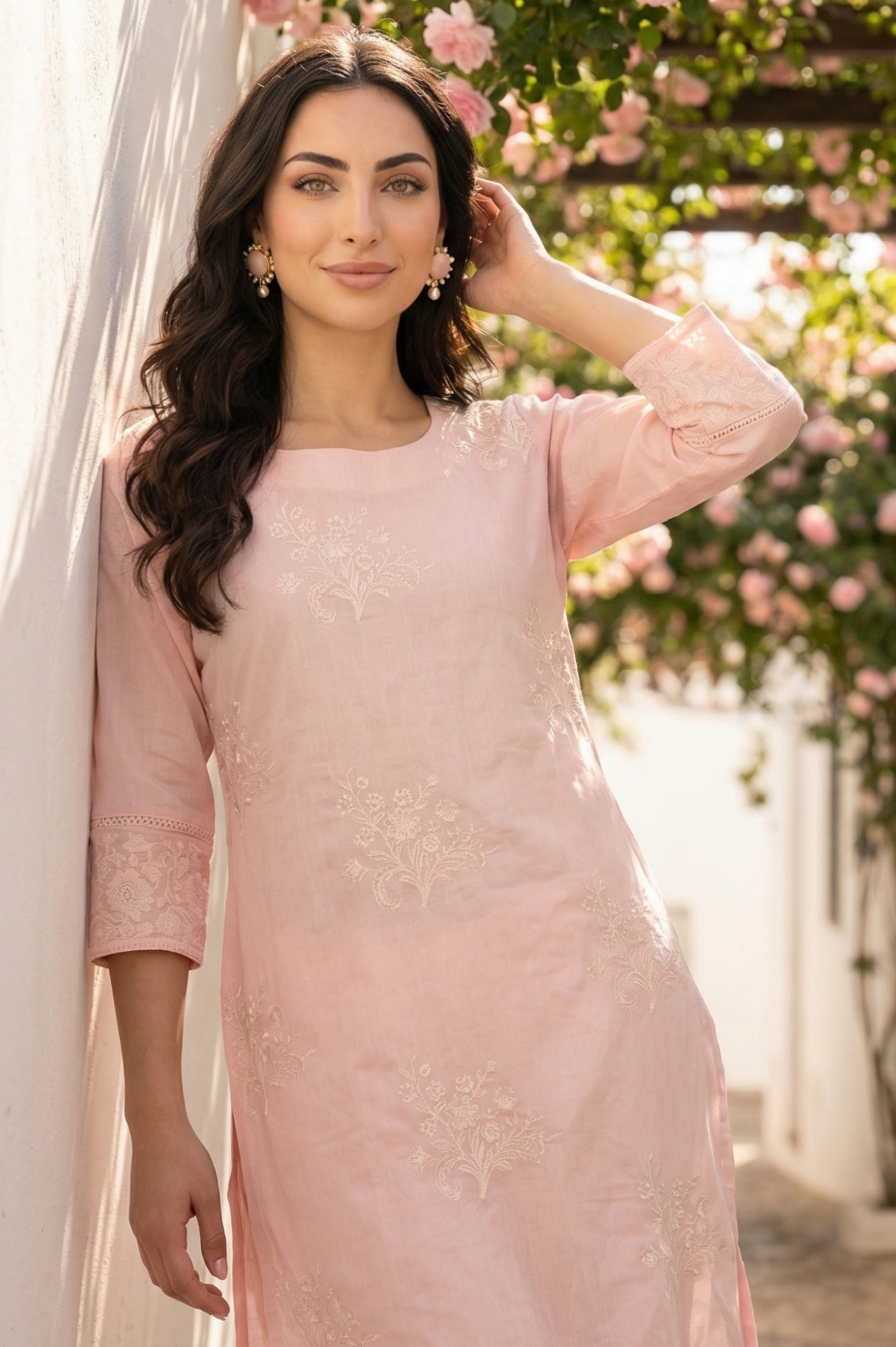 Light Pink Floral Embroidered Chanderi Straight Kurta