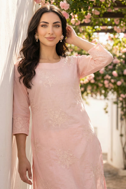 Light Pink Floral Embroidered Chanderi Straight Kurta