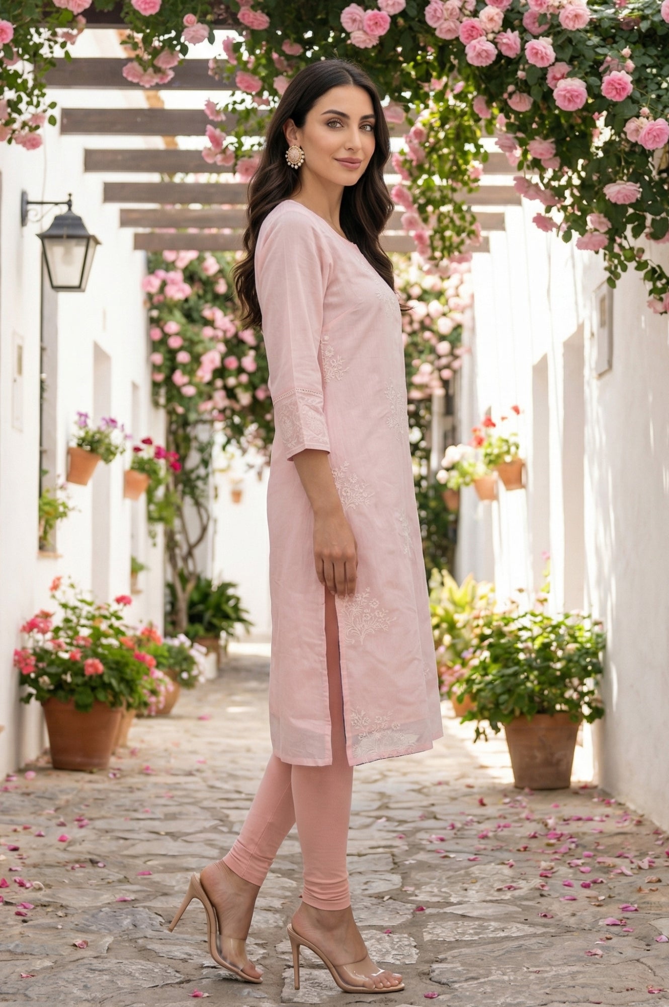 Light Pink Floral Embroidered Chanderi Straight Kurta