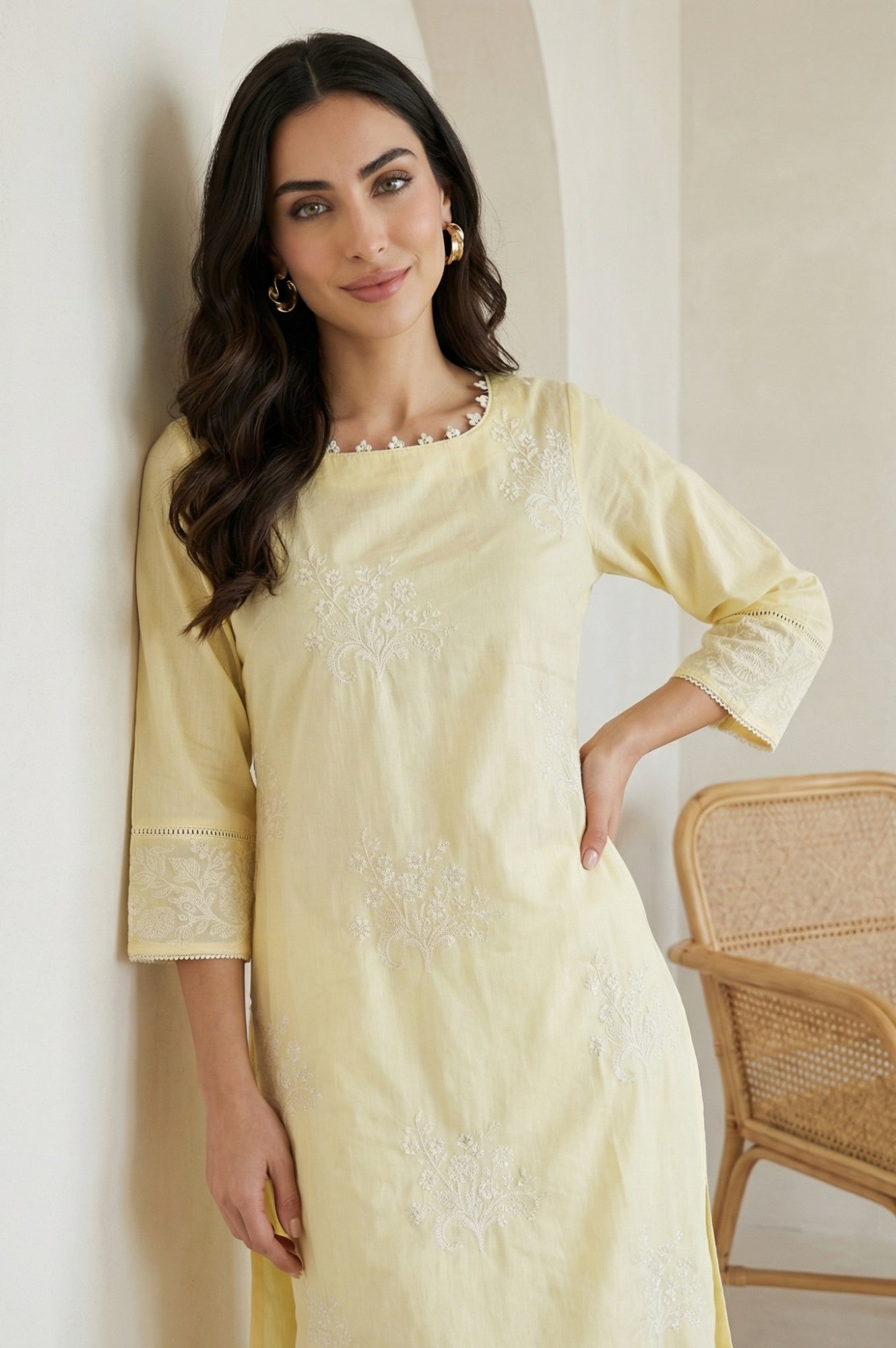 Yellow Embroidered Chanderi Straight Kurta