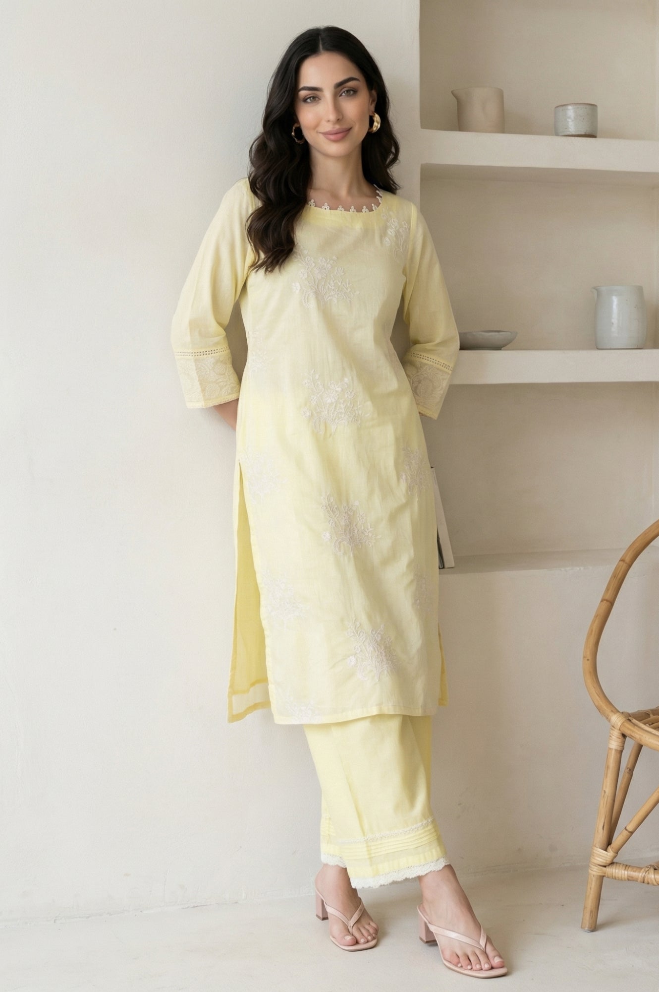 Yellow Embroidered Chanderi Straight Kurta