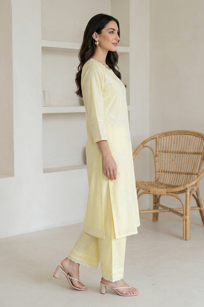 Yellow Embroidered Chanderi Straight Kurta
