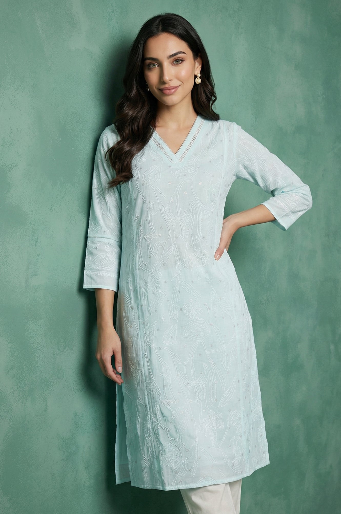 Light Blue Chikankari Embroidered Kota Straight Kurta