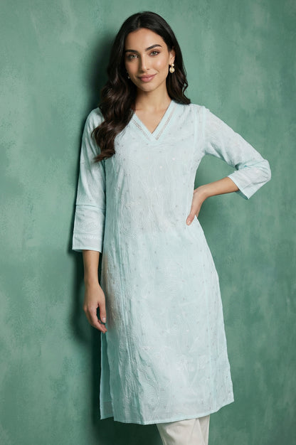 Light Blue Chikankari Embroidered Kota Straight Kurta