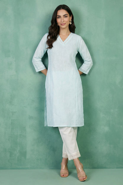Light Blue Chikankari Embroidered Kota Straight Kurta