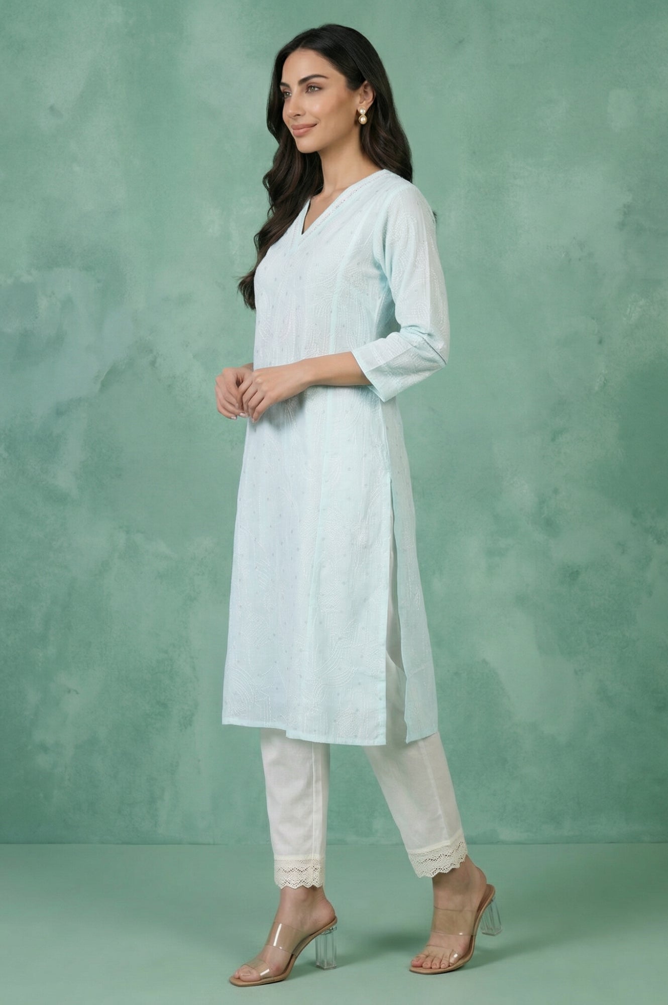 Light Blue Chikankari Embroidered Kota Straight Kurta