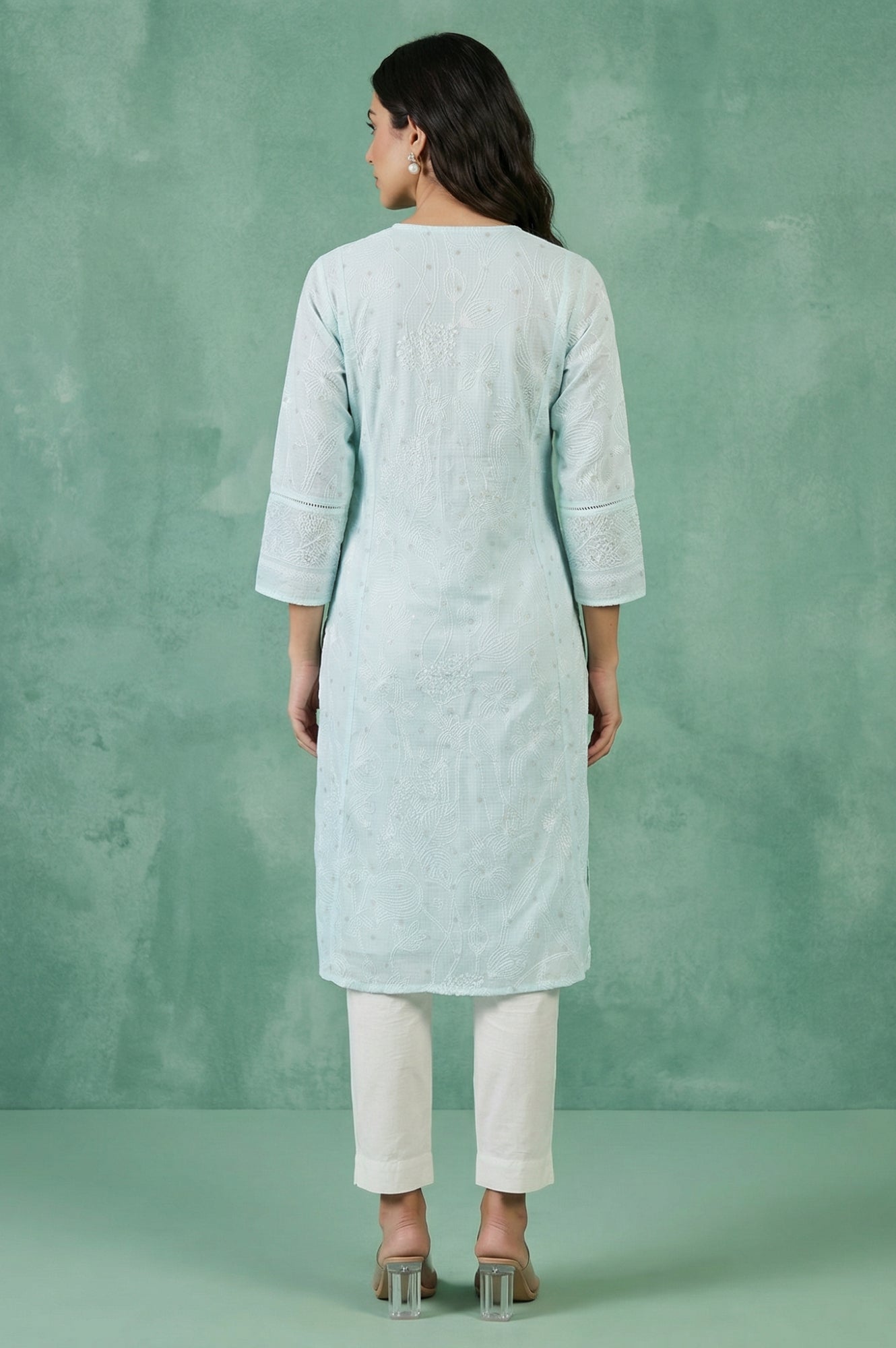 Light Blue Chikankari Embroidered Kota Straight Kurta