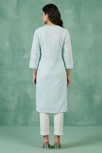 Light Blue Chikankari Embroidered Kota Straight Kurta