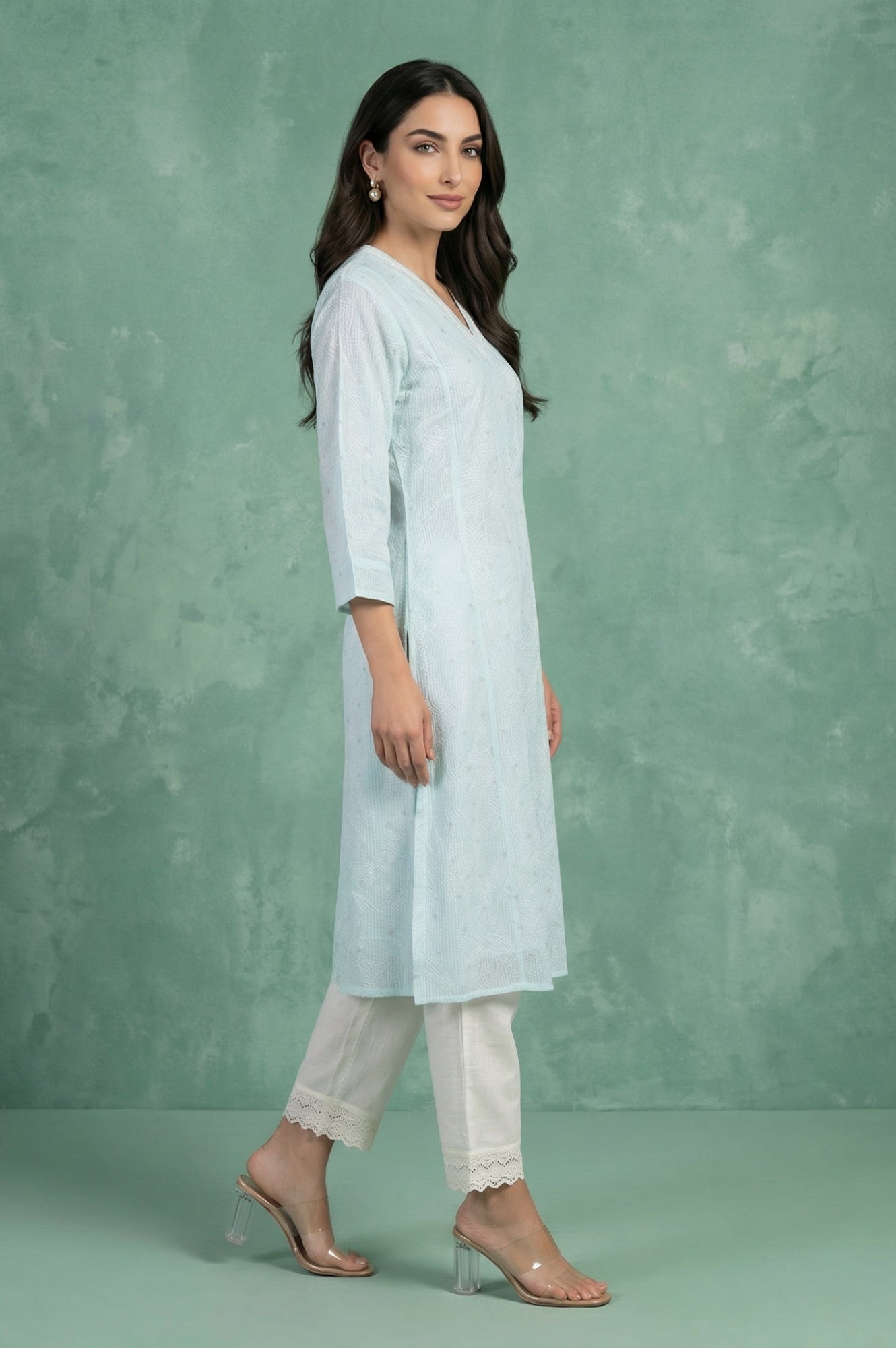 Light Blue Chikankari Embroidered Kota Straight Kurta