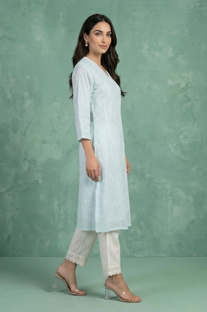 Light Blue Chikankari Embroidered Kota Straight Kurta