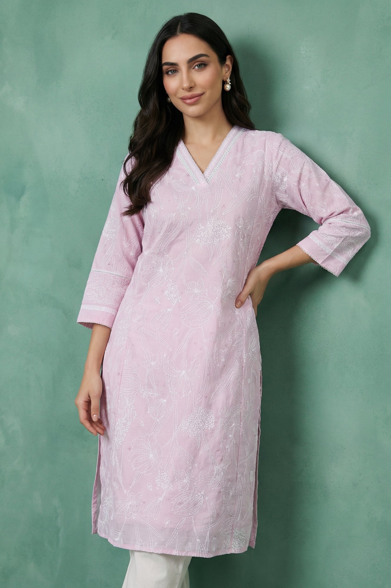 Pink Floral Printed Chikankari Embroidered Kota Straight Kurta
