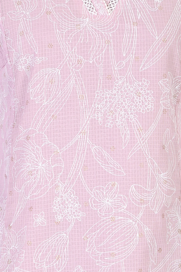 Pink Floral Printed Chikankari Embroidered Kota Straight Kurta