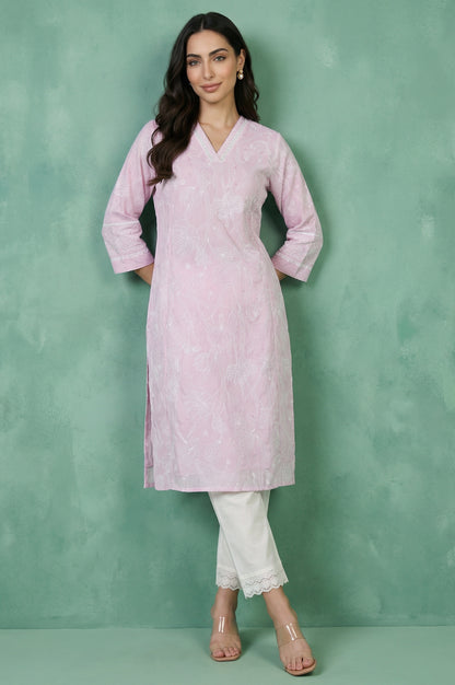 Pink Floral Printed Chikankari Embroidered Kota Straight Kurta