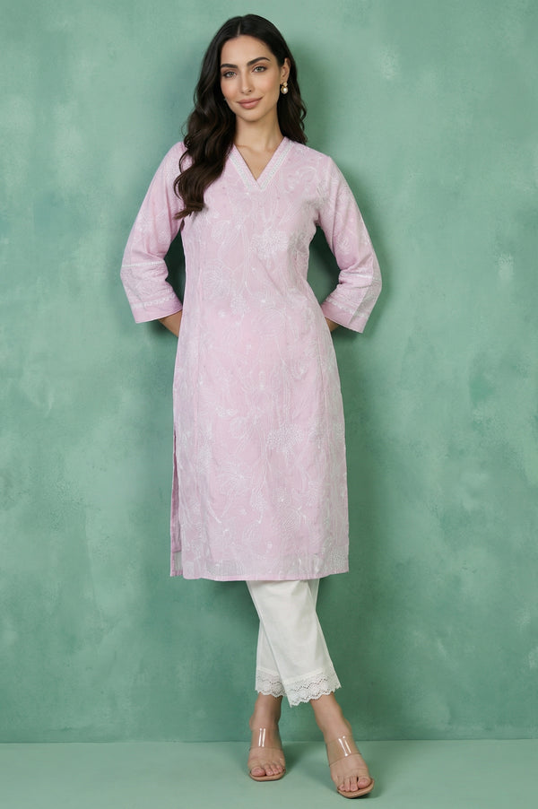 Pink Floral Printed Chikankari Embroidered Kota Straight Kurta