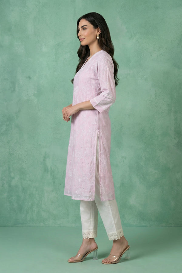 Pink Floral Printed Chikankari Embroidered Kota Straight Kurta