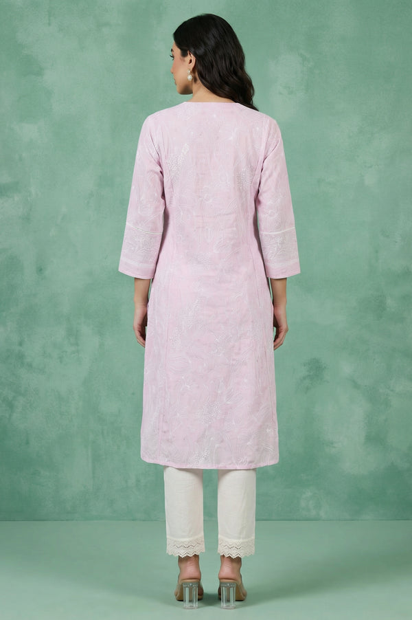 Pink Floral Printed Chikankari Embroidered Kota Straight Kurta